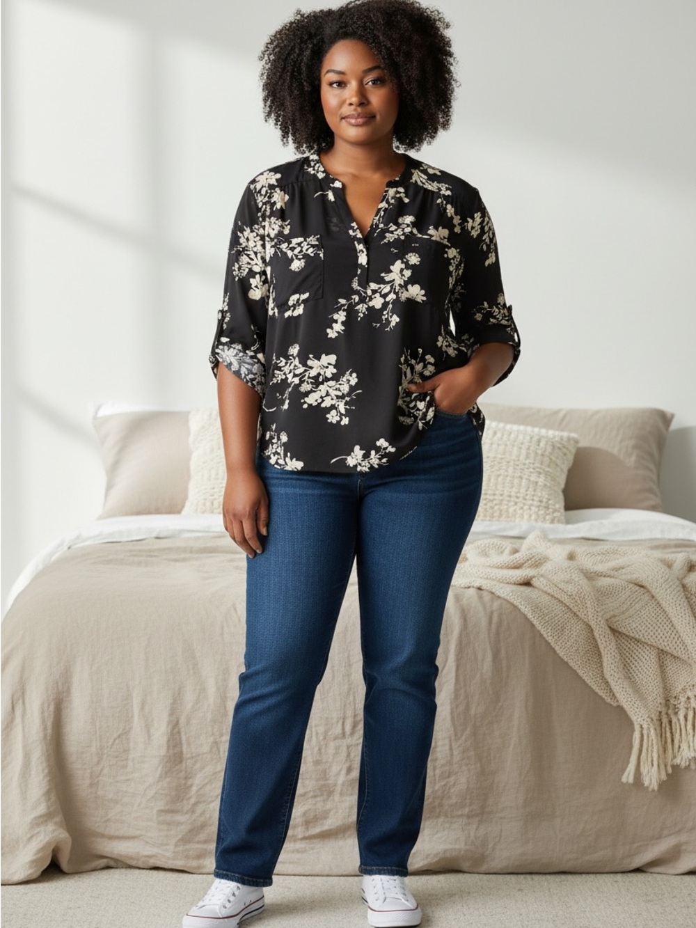 Torrid 4 Floral Blouse Black White Roll Tab Sleeve